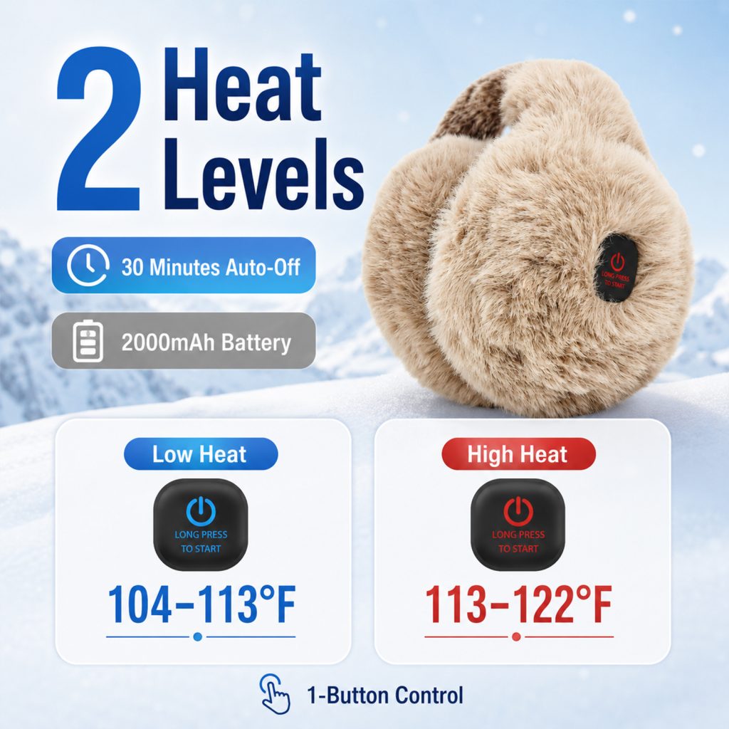 telepepe heated earmuffs for women, cordless ear warmers for winter hiking, running, 2000mah (brown)