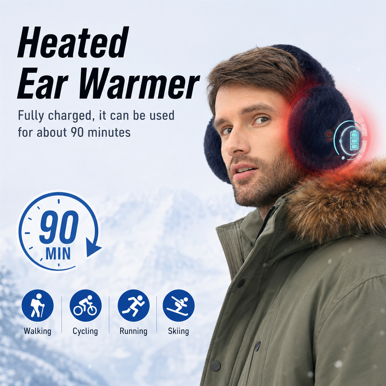 telepepe heated earmuffs for men, cordless ear warmers for winter hiking, running, 2000mah (dark blue)