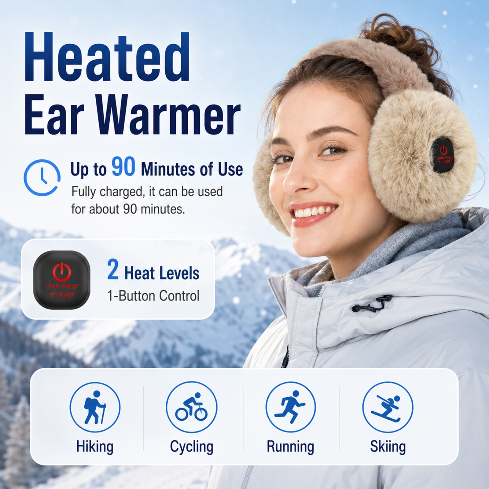 telepepe heated earmuffs for women, cordless ear warmers for winter hiking, running, 2000mah (brown)
