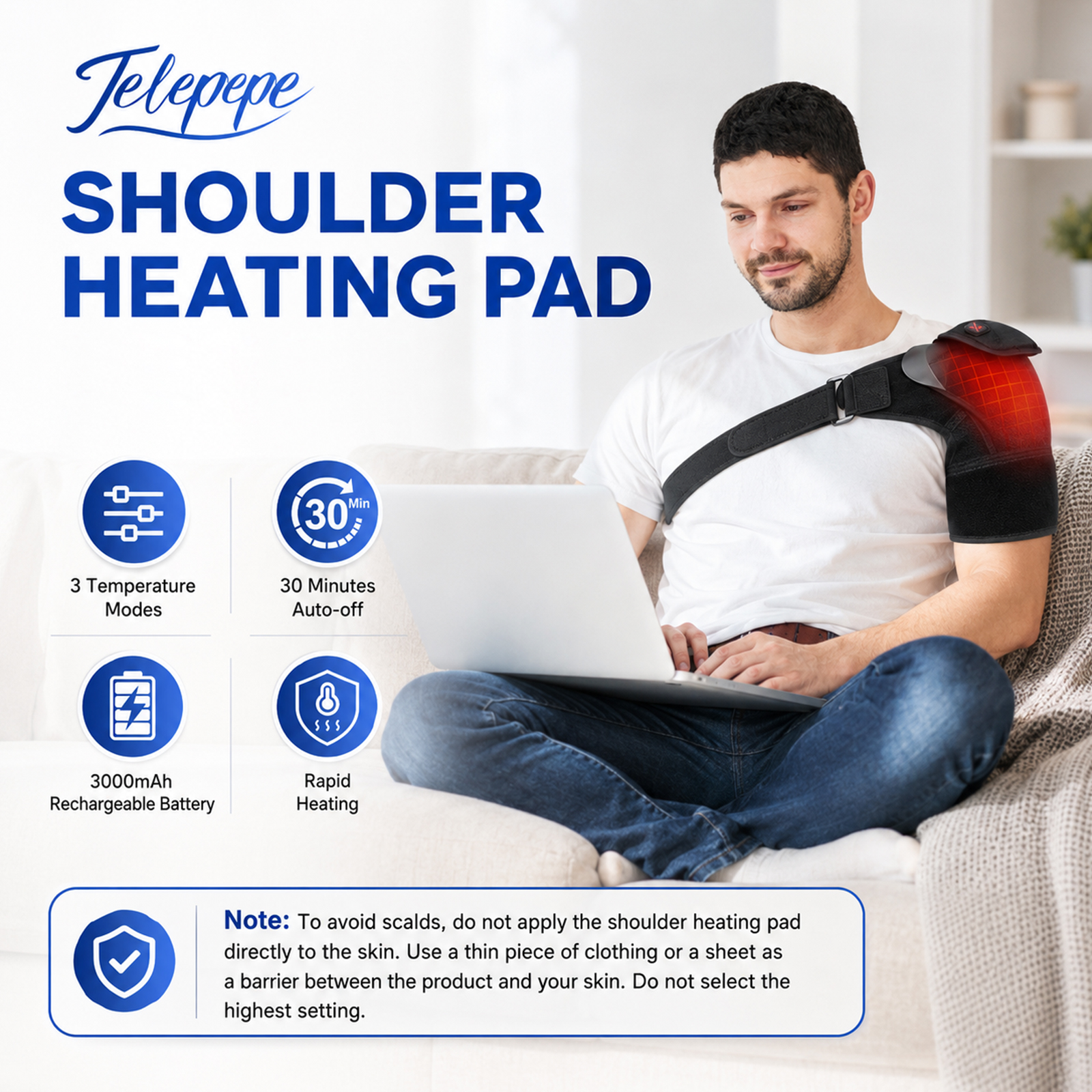 telepepe cordless shoulder heating pad, 3 heat levels, 3000mah rechargeable battery, te shp200