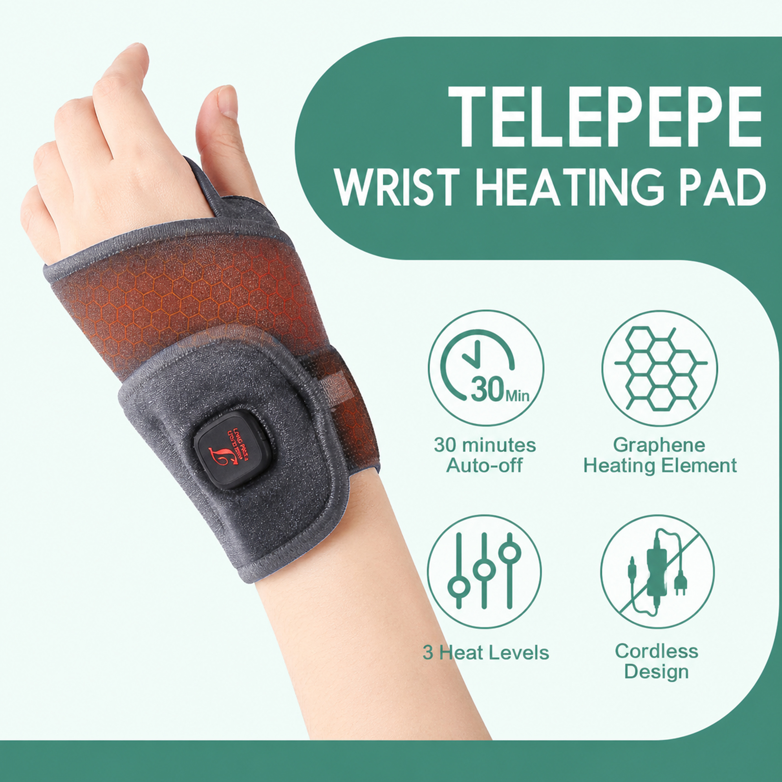 telepepe heated wrist wrap cordless, 3000mah, 3 heat levels carpal tunnel wrist brace with 30 mins auto off, te whp200