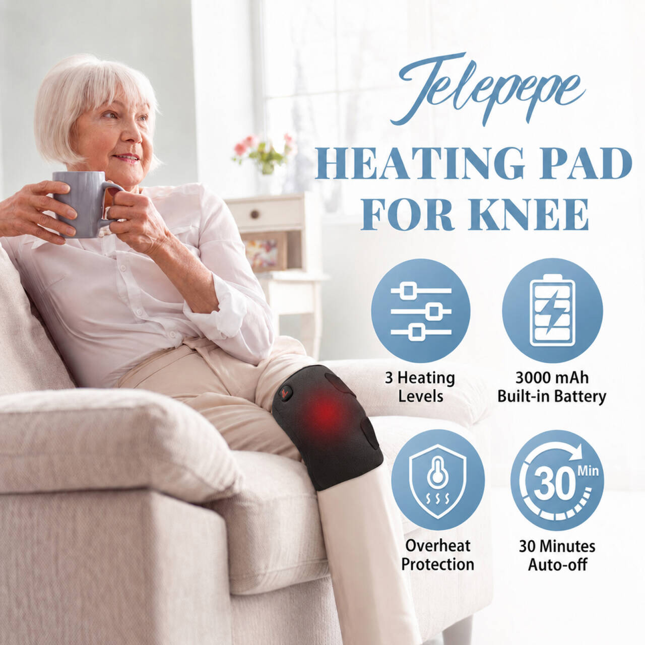 cordless heated knee brace, 3 temperature modes knee warmer, 3000mah*2 battery operated knee wrap, te hp600(single)