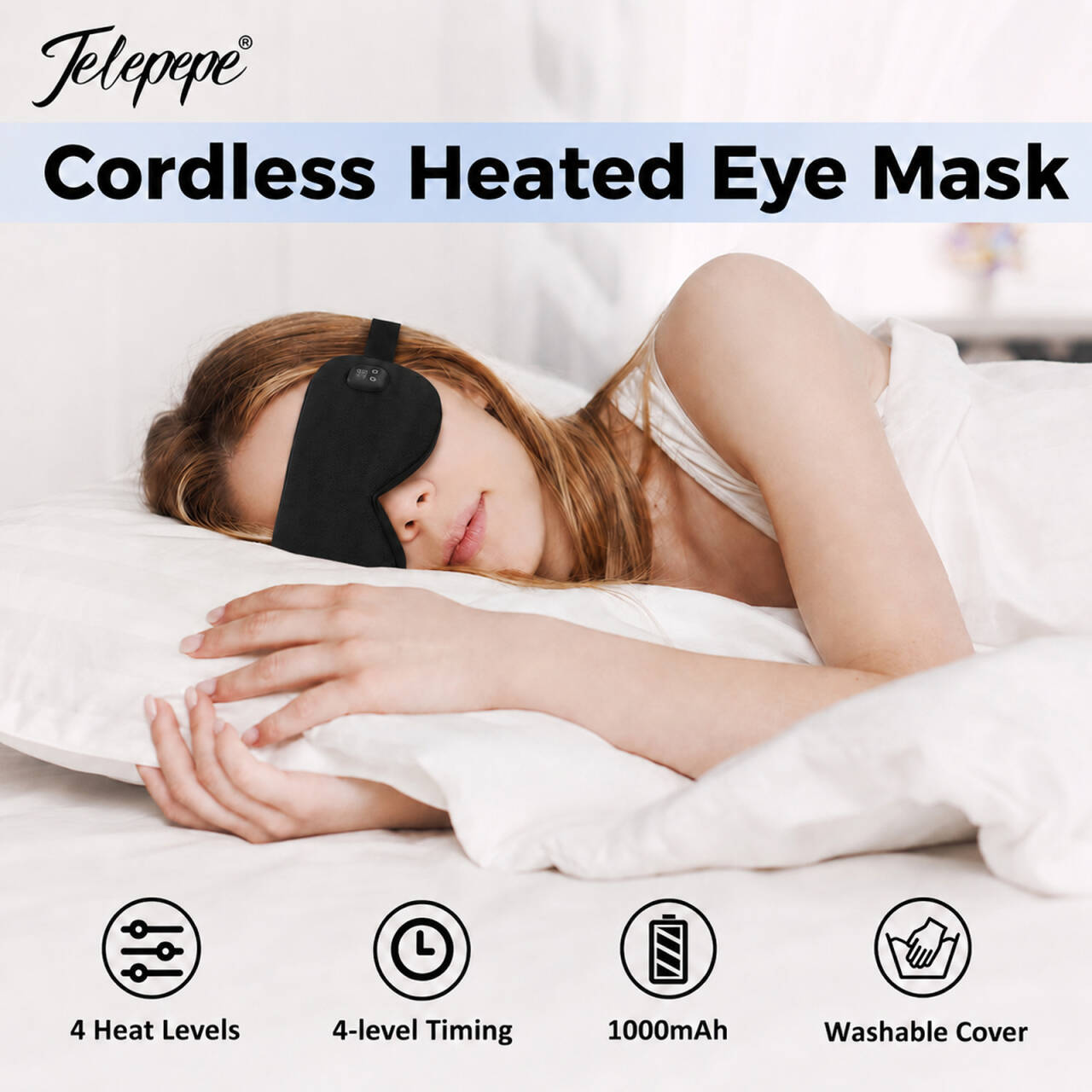 telepepe cordless heated eye mask, 4 heat levels, 4 level timing, battery capacity display, te he720