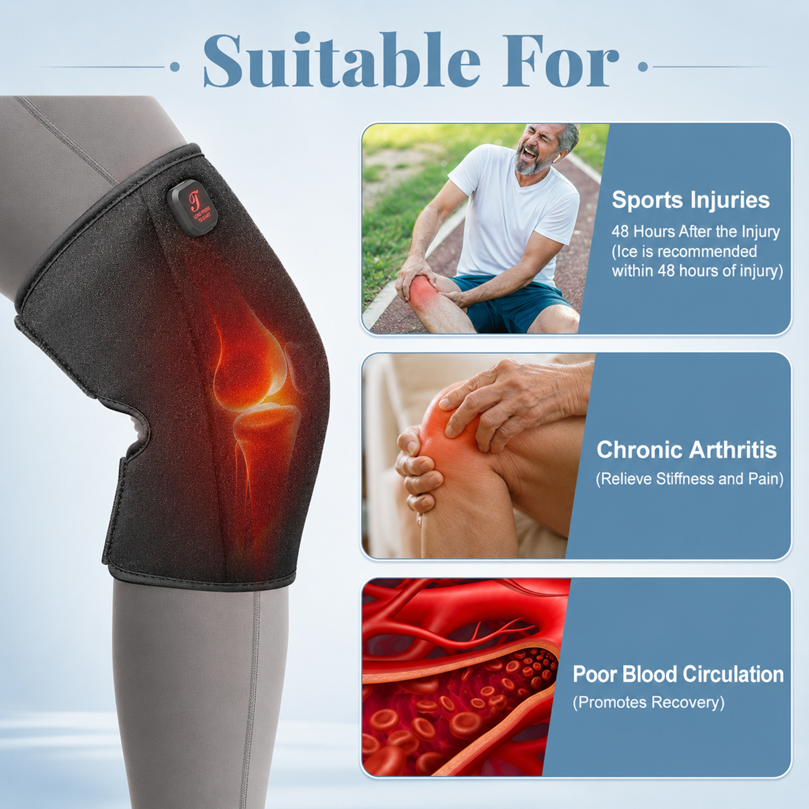 cordless heated knee brace, 3 temperature modes knee warmer, 3000mah*2 battery operated knee wrap, te hp600(single)