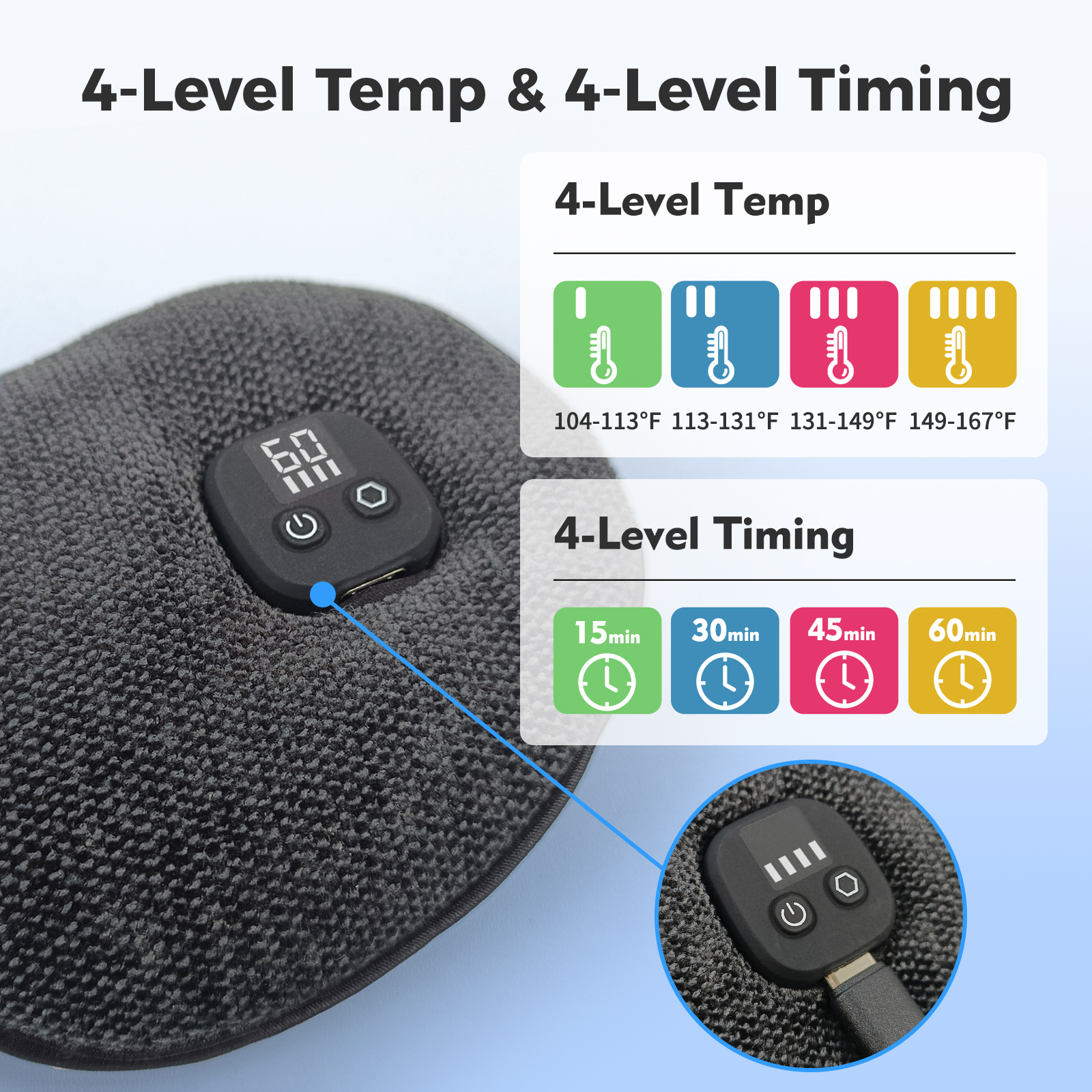 telepepe cordless heated eye mask, 4 heat levels, 4 level timing, battery capacity display, te he720
