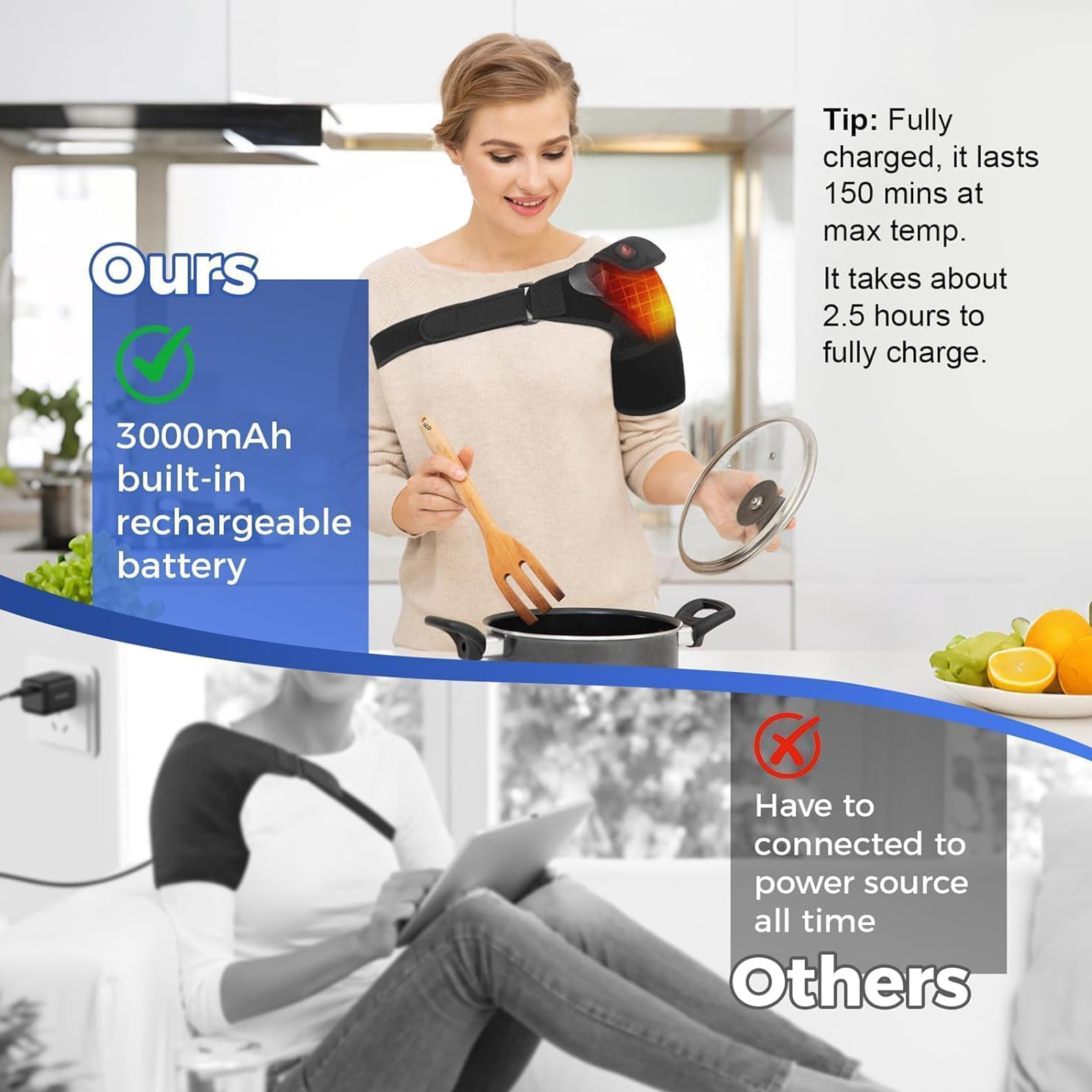 telepepe cordless shoulder heating pad, 3 heat levels, 3000mah rechargeable battery, te shp200