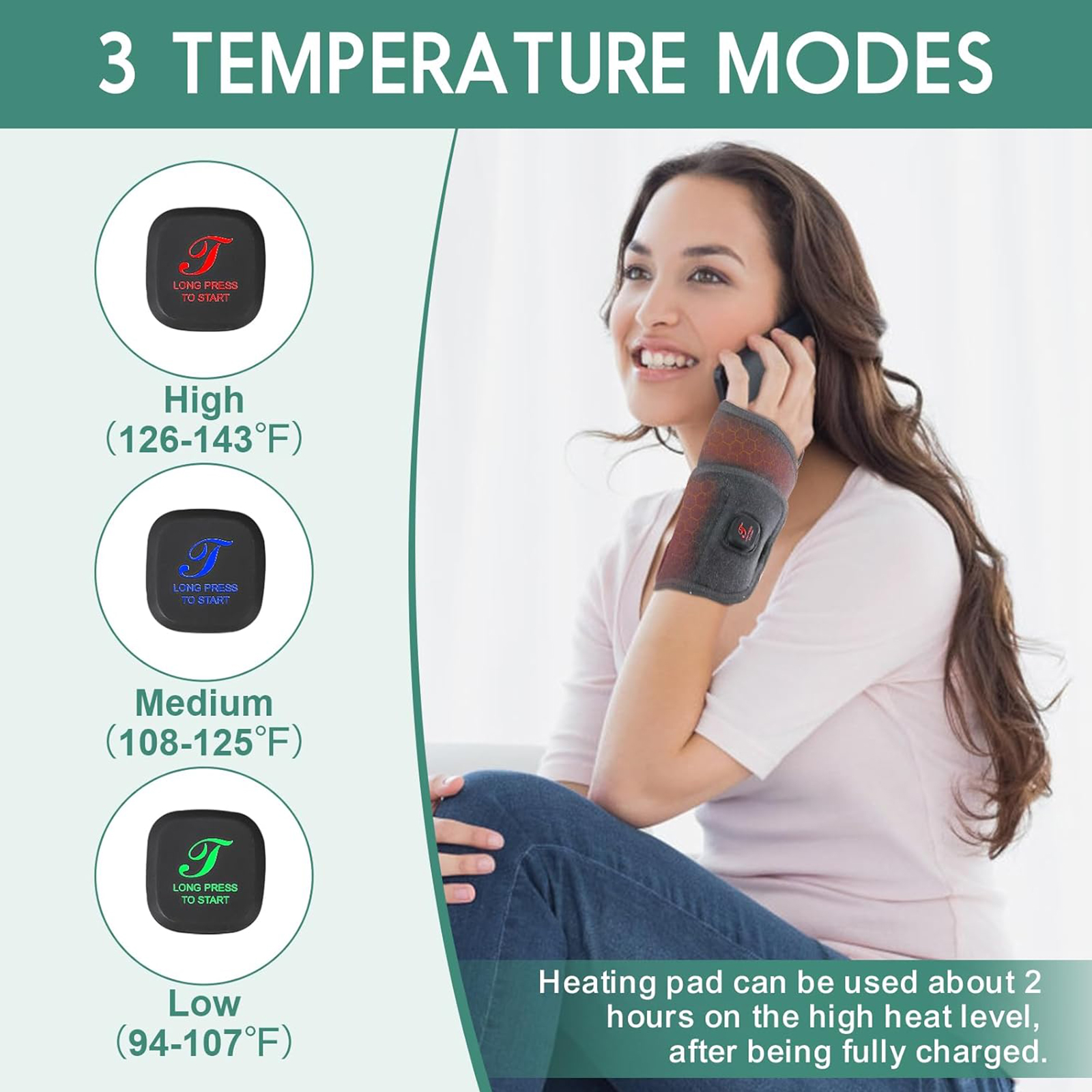 telepepe heated wrist wrap cordless, 3000mah, 3 heat levels carpal tunnel wrist brace with 30 mins auto off, te whp200