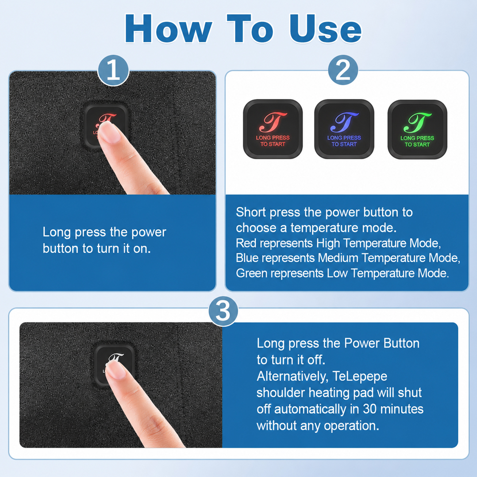telepepe cordless shoulder heating pad, 3 heat levels, 3000mah rechargeable battery, te shp200