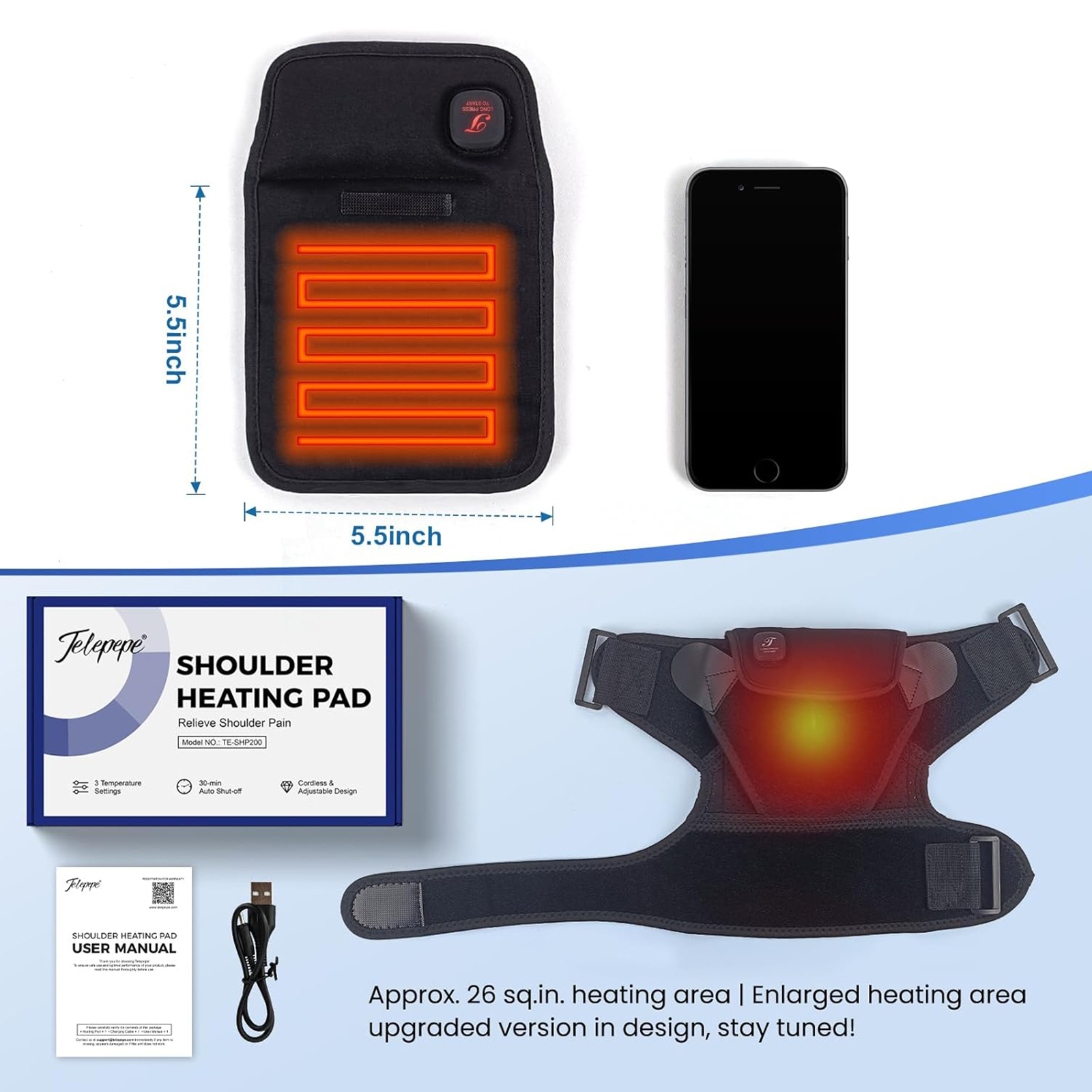 telepepe cordless shoulder heating pad, 3 heat levels, 3000mah rechargeable battery, te shp200