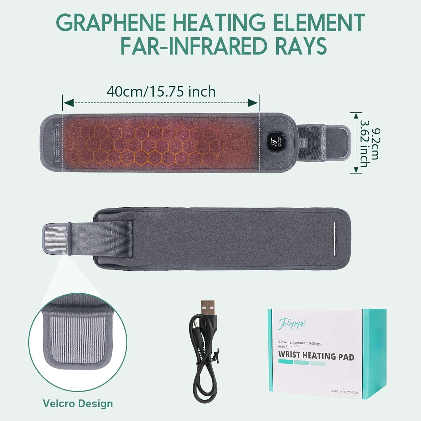 telepepe heated wrist wrap cordless, 3000mah, 3 heat levels carpal tunnel wrist brace with 30 mins auto off, te whp200