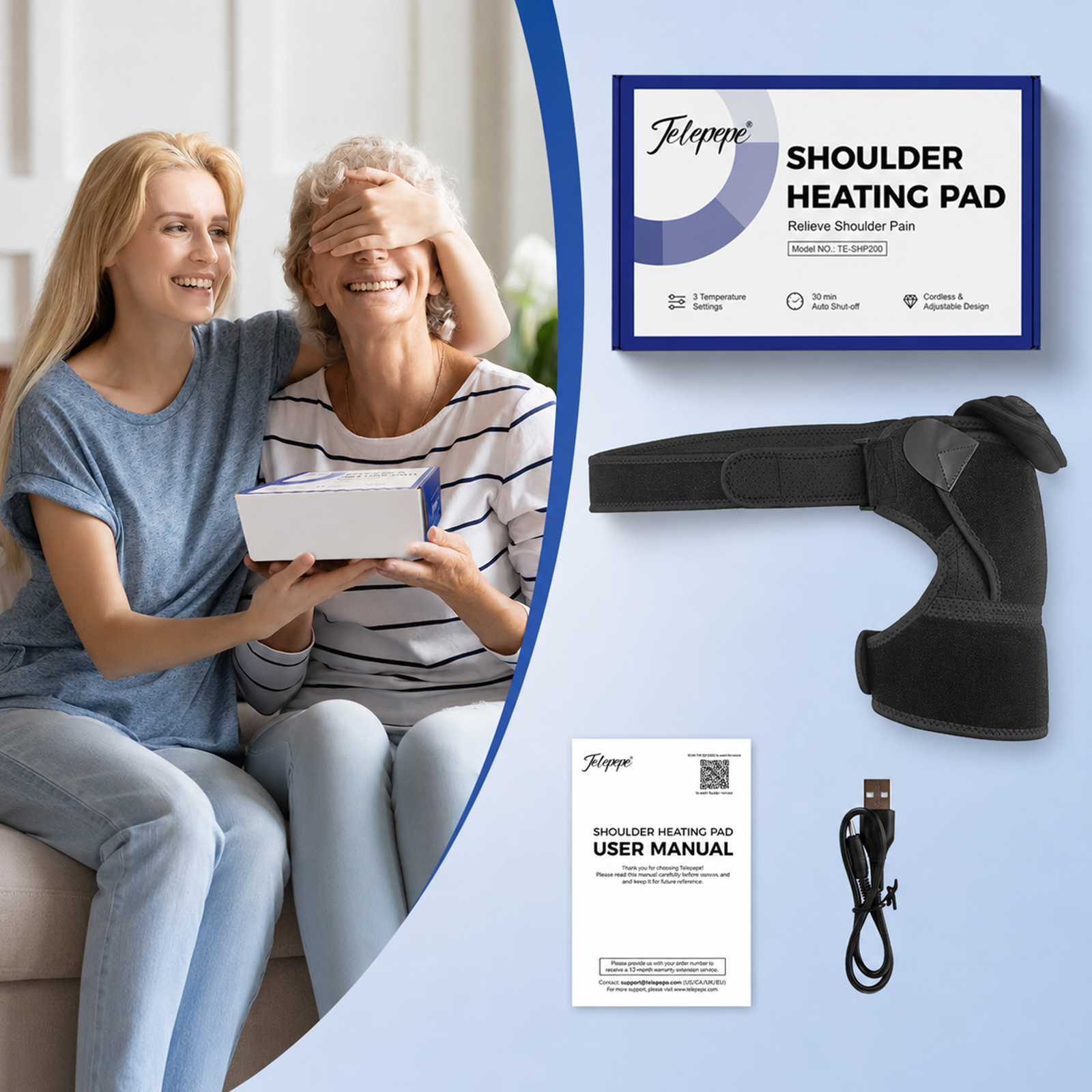 telepepe cordless shoulder heating pad, 3 heat levels, 3000mah rechargeable battery, te shp200
