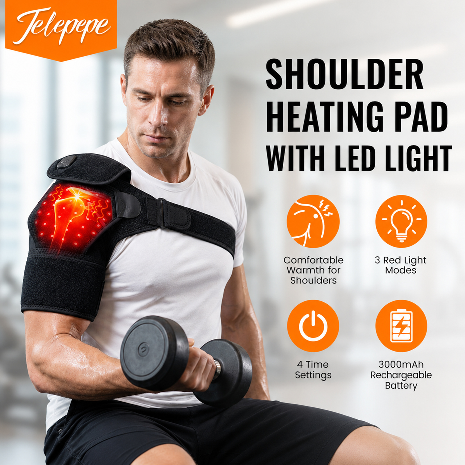 telepepe cordless red light therapy shoulder heating pad, 3 modes, 3000mah rechargable battery te shp835