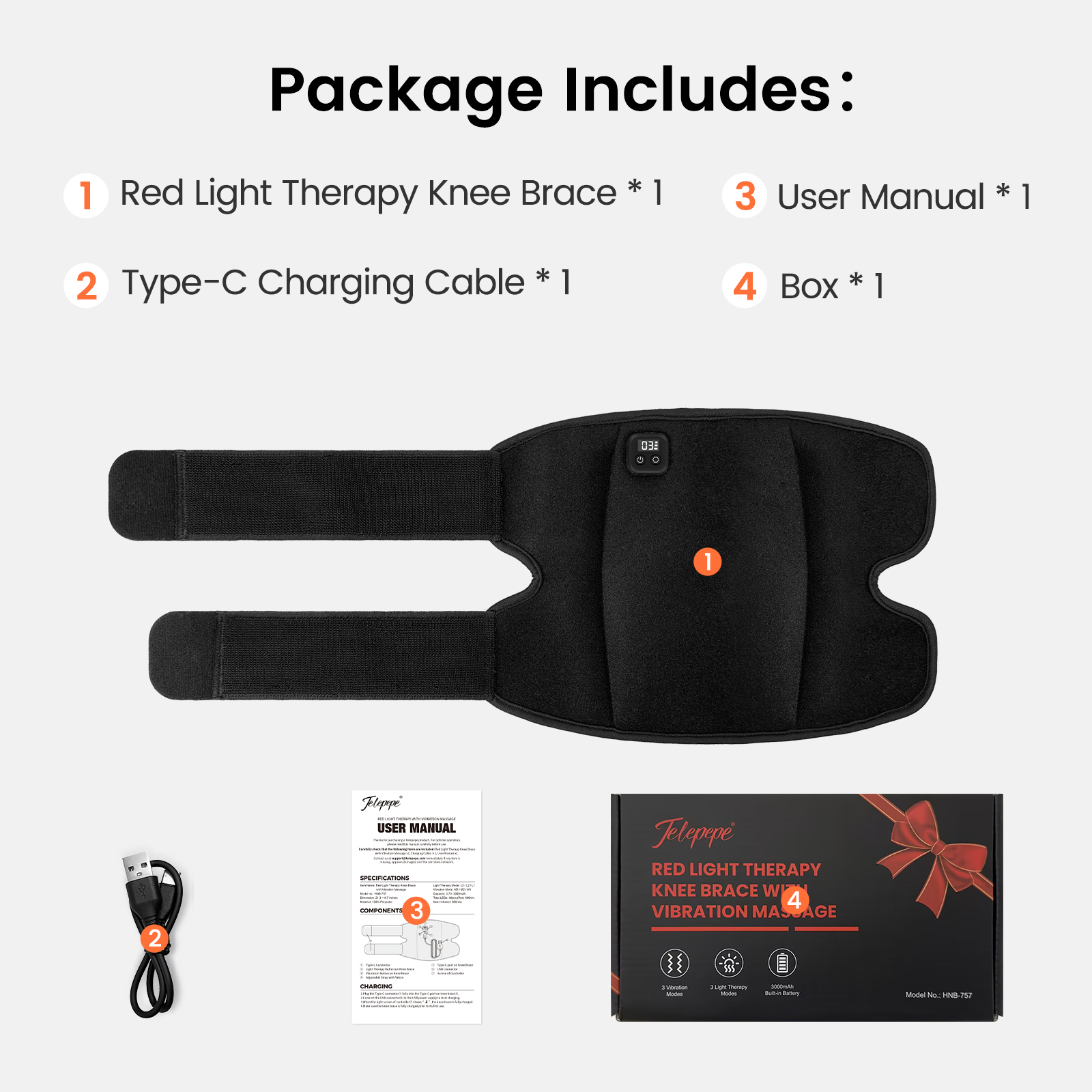 telepepe heated knee massager, 3000mah, 660&850nm red light therapy device, 3 heat 3 vibration massage, hnb 757(single) (copy)