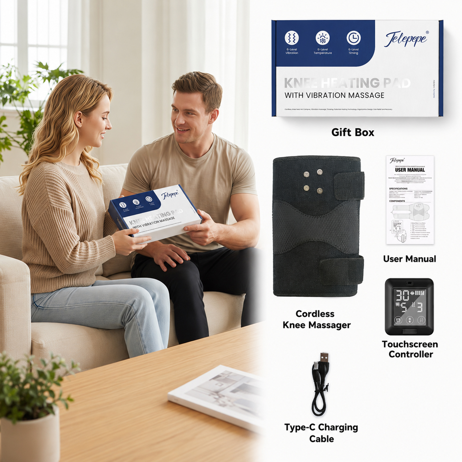 telepepe heated knee brace, 5000mah removable knee heating pad with 6 heat&6 vibration massage hw 855(single) (copy)
